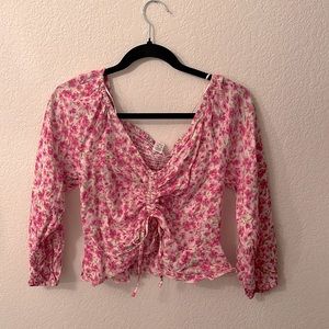 Pink floral print milkmaid blouse with adjustable neckline